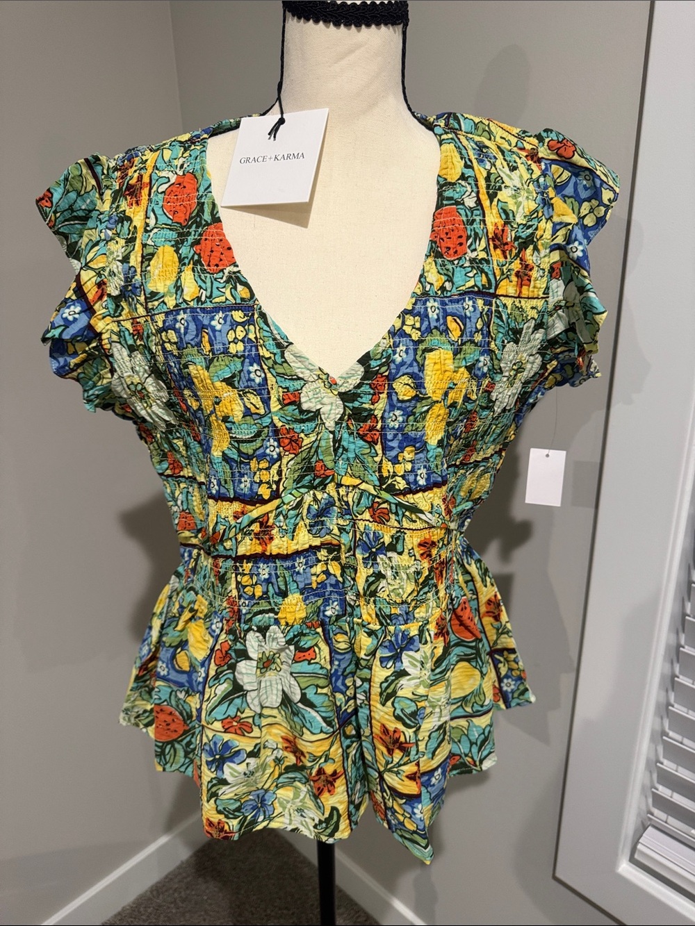 Grace + Karma Yellow Floral V-Neck Peplum Blouse